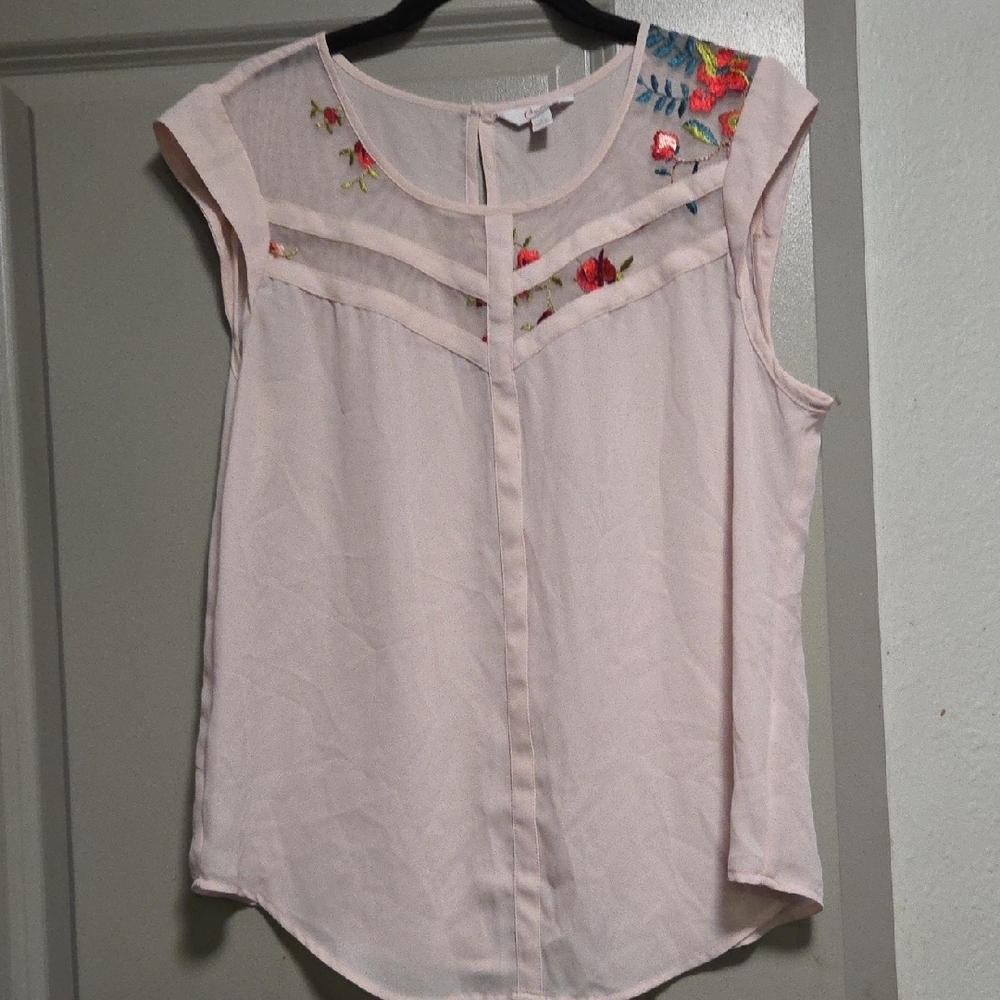 Candie's Light Blush Pink Sheer Yoke Floral Embroidered Cap Sleeve Top